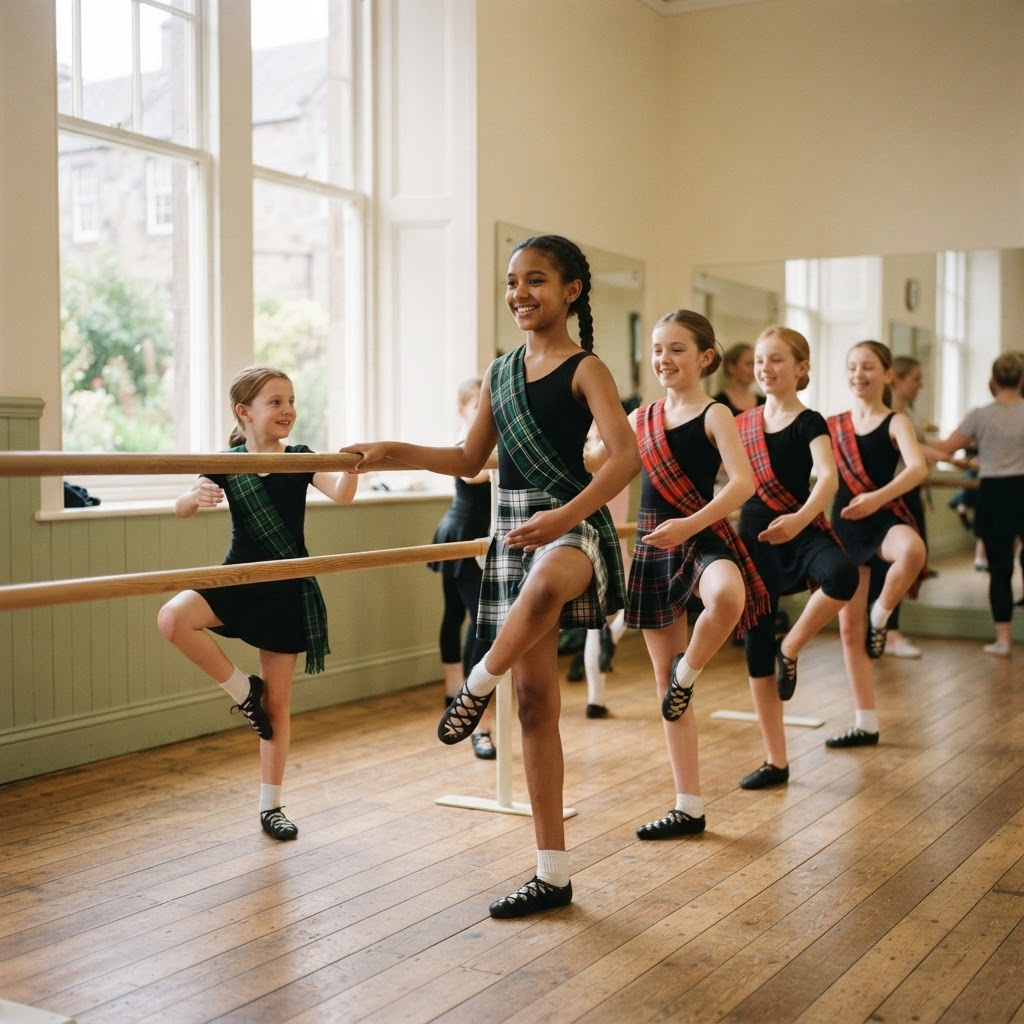 Young dancers practising at the barre in a sunlit Highland dance studio